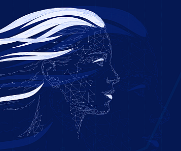 Cara de mujer sobre fondo azul y con triangulos formandola, como catalogada de inteligencia artificial