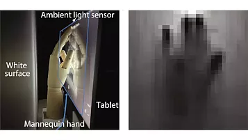 Dos fotos: La primera de un maniquí delante de una pantalla donde se marca el sensor de luces ambiente, enfrente una superficie blanca. La segunda es la imagen captada donde se ve una mano pixelada.