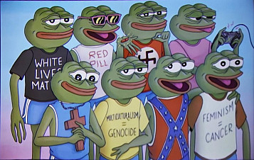 6 Pepe the frog con distintas casimestas: white lives matter, red pill, cruz gamada, gammer, cruz, multiculturalism = genocide, bandera sudista, feminism = cancer