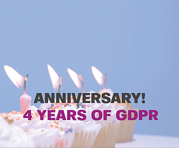 4 magdalenas con velas encendidas como celebrción en colores claros y encima texto: anniversary! 4 years of gdpr