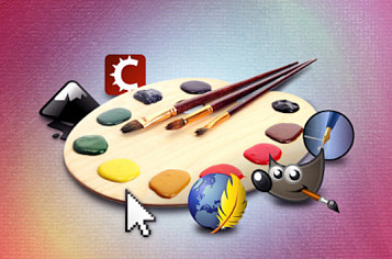 una paleta con pinceles y colores rodeada de logos de software libre para diseño gimp, krita, inkscape, etc)