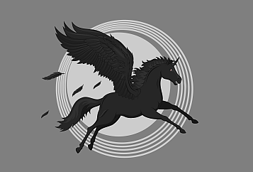 illustració en blanc i negre, amb el sol i un unicorni negre amb ales que ja va perdent algunes plomese sun in the background and a horse with win