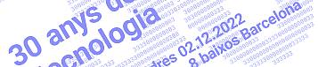 fons blanc amb tipografia inclinada 30 graus cap a la dreta amb fase de 30 anys, la direcció i al fons trocets de codi binari