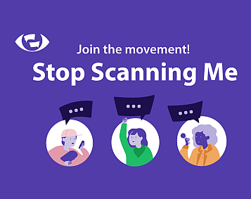 Campaign graphic - showing three persons and the text "join the movement - stop scanning me)