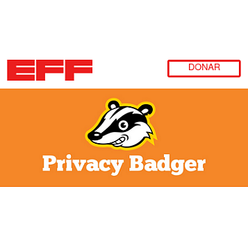 captura de la web: fondo blanco: arriba a la izquierda el logo rojo de EFF y a la derecha donate como botón del mismo color. debajo sobre fondo naranja el logo (cabeza de un animal) ylegras en blanco
