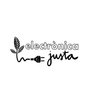 Logo en blanc i negre: a l'esquerra un cable a una punta amb tres fulles i dreta un endoll. Electrònica dalt i justa baix.
