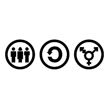 Tres iconos de la licencia: el primero tres personas, el segundo una c al reves de copyleft y el tercero un símbolo feminista con la flecha de otros géneros también