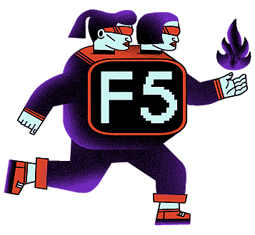 dona amb dos caps correguent i el logo f5 al cos