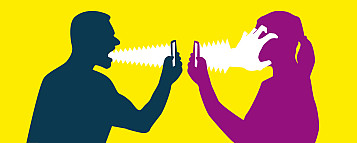 Fons groc amb un home en blau i una dona en magenta. De la boca de l'home surt un braç blanc que va a la cara d'ella estrujant-la. els dos tenen un mòbil a les mans. ilustració.
