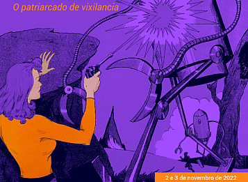 ilustración tipo comic de los 70s. colores morado y lila. mujer con pistola galàctica defendiendose de robots