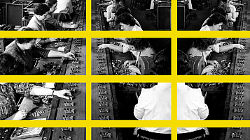 women working with computers in gray and yellow square borders