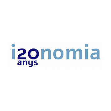 logo isonomia, fons blanc i lletres blaves amb 20anys en substitució de so al logo