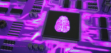 fotofrafia retocada en negre, lila i rosa d'un circuit informàtic on el processador té un cerbell dibuicat