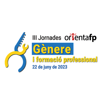 logo de les jornades: esquerra una serra blava i una clau anglesa groga i al centre el títol. Dinamisme i joventut pels colors. 