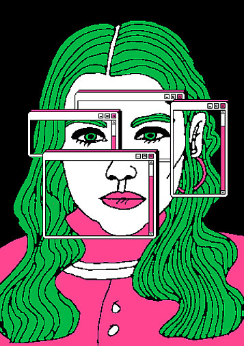 Cara d'una dona amb finestres d'ordinador transparents damunt