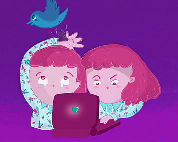 dos niñas con pajaro twitter que le caga a una mirando un portátil