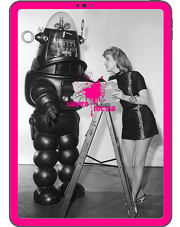robot y mujer en foto gris y borde en magenta. es simpática