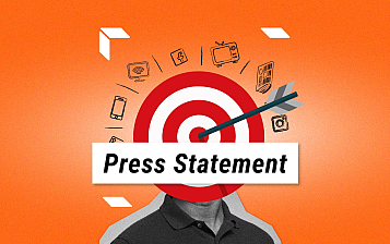 Face with a bullseye and an arrow in its center sorounded by ilustrations with mobile, screen, facebook logo, tv, newspaper. On the bottom a sign with "Press Statement"
