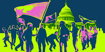 protest infront White House. Colors green pink and blue. Look like other planet people. Extrange.