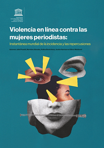 portada del informe: fondo azul con título arriba en blanco. debajo una collage con partes de la cara de mujeres. da ansiedad un poco.