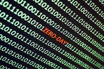 Black background with 1 and 0 on white in lines and in the center "ZERO-DAY" in orange